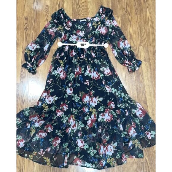 ByTIMO BLACK MULTI Floral Wrap Bodice Long Sleeve Chiffon DRESS SIZE L - Picture 4 of 5